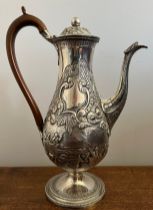 Silver repousée Queen Anne style coffee pot with whaling scenes, marked to lid and body, G Knight