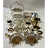 A quantity of silverplated items to include 2 wine coasters, wine cooler, 3 tiered cake stand,