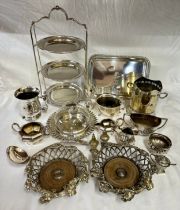 A quantity of silverplated items to include 2 wine coasters, wine cooler, 3 tiered cake stand,