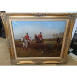 An oil on canvas of a hunting scene by D Long, image measures approx 50cm h x 60cm w in a gilt