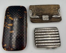 Silver cheroot case Birmingham 1904, 67gm, silk lined tortoiseshell spectacle case and a snakeskin