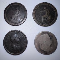 George III silver half crown 1816, 2 x George III 1797 "cartwheel" twopence and 1806 cartwheel.