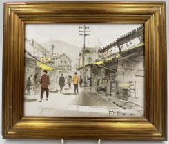 Fung Sau Fung, oil on canvas of street scene. Image 18.5 x 24cm.