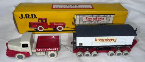 A J.R.D. model of a Kronenbourg tractor & trailer load with a railway wagon, Model No. 123.