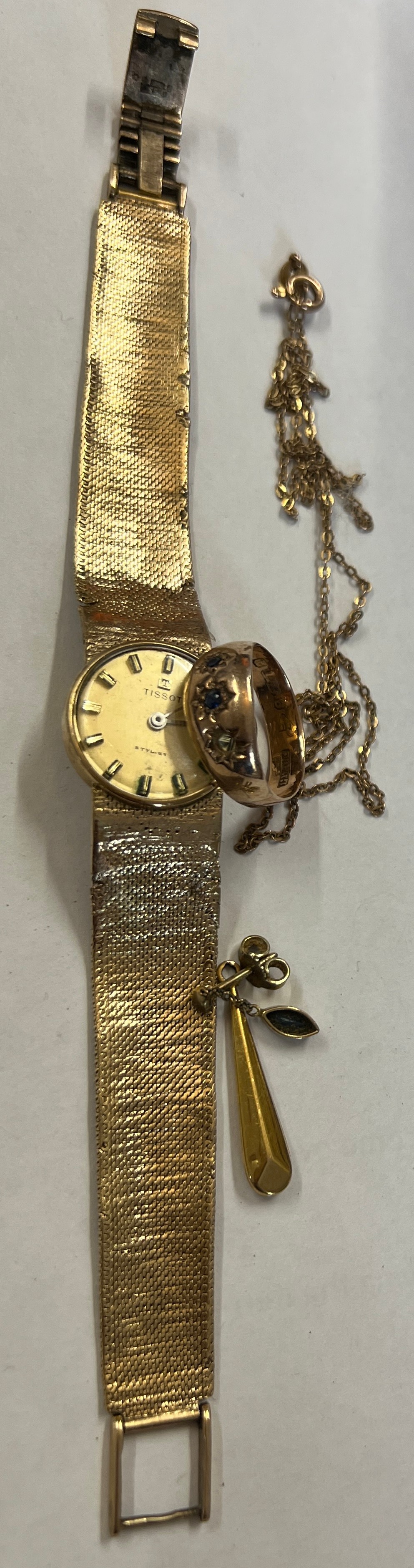 Nine carat gold Tissot watch and strap, gem set ring and unmarked chain and two odd earrings. - Image 2 of 3