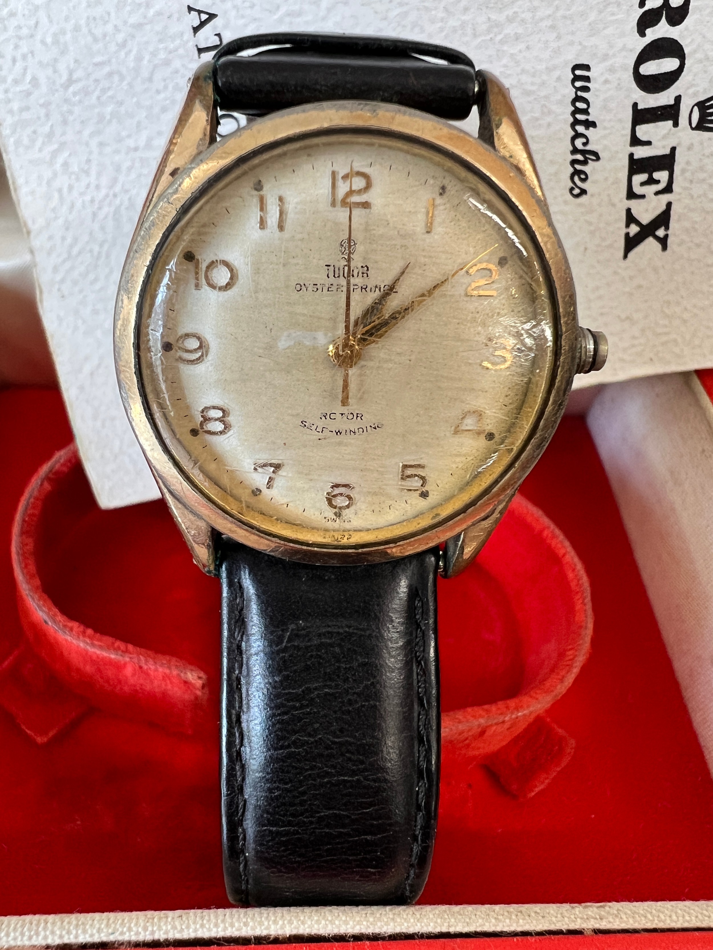 A vintage gentleman’s Tudor self-winding wristwatch on black leather strap in original box with