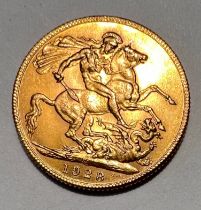 George V full gold sovereign 1928, South Africa mint mark.
