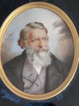 John Ruskin (1819–1900), wearing black coat, grey herringbone waistcoat, white chemise, gold shirt