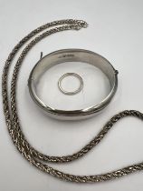 Jewellery to include silver bangle, ring and sterling rope twist necklace. Total weight 67gm.
