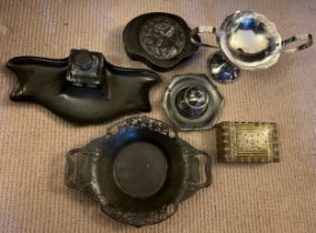 Metalware to include W.M.F bonbon stand, Orivit pewter poppy inkwell, Art Nouveau pewter jewellery
