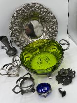 WMF to include footed plated dish 28cm d, two pewter beaker holders, pewter fruit bowl with green