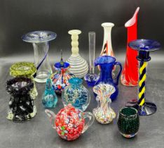 An assortment of glass to include a 19thC Bristol blue jug 14cm h, and various mid century glass: