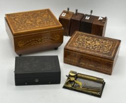 Three musical boxes to include two Sorrento and one late 19thC moulded shellac with cylinder