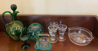Glassware to include raindrop inkwell dump, Georgian glass rinser, blue and amber glass posy basket,