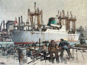 Harry Hudson Rodmell (British 1896-1984) oil on board, Hull dock scene. Image size 44 x 59cm.