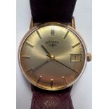 A gold plated Rotary gentleman's wristwatch with date aperture on brown leather strap. Case 33mm.