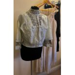 Victorian and later costume to include high necked silk blouse with lace and button detail, cream
