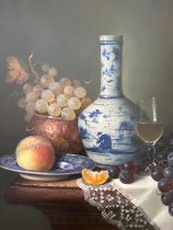 Raymond Campbell (English, b.1956) Still life with ceramics and fruit, oil on canvas. Image size