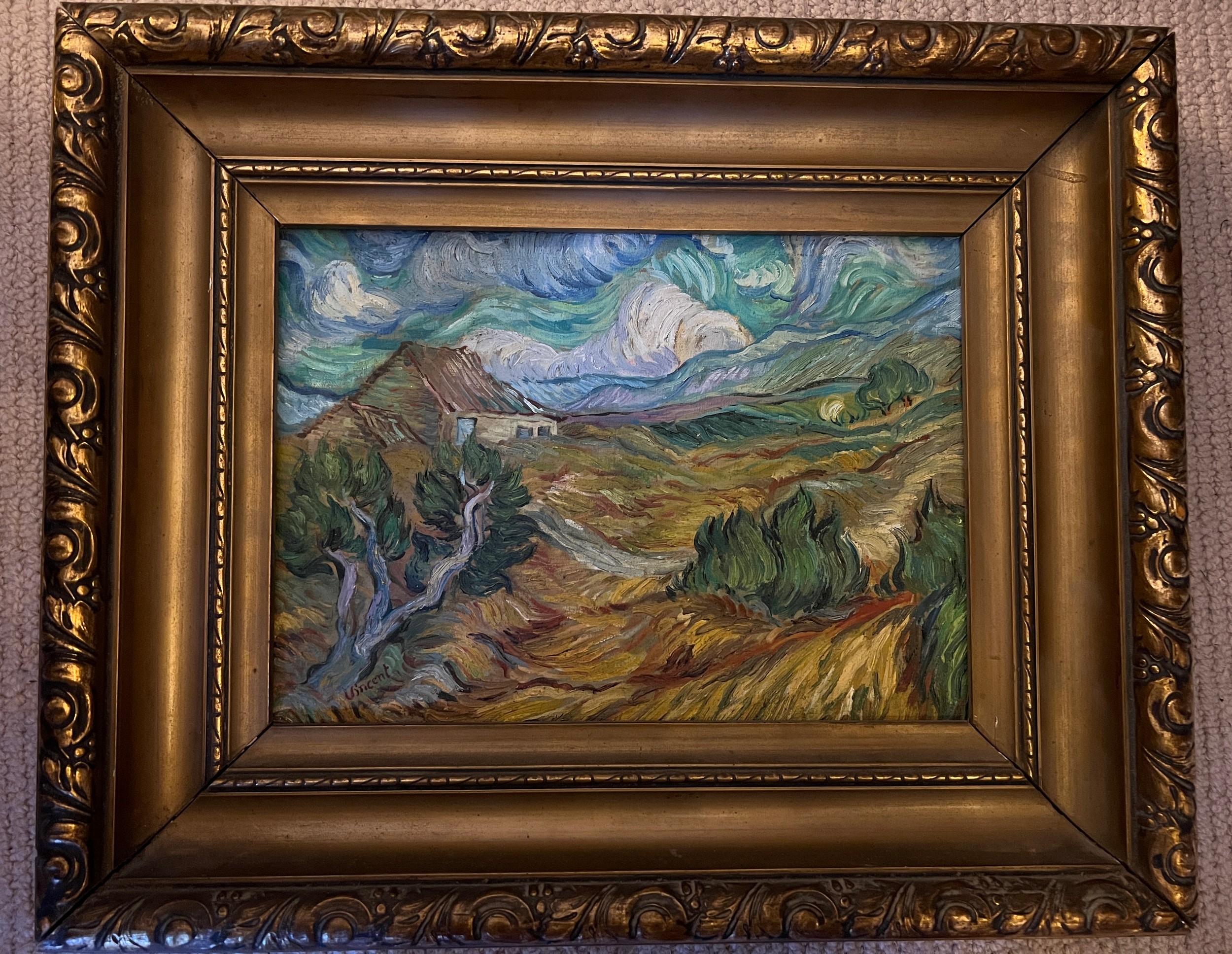 Oil on canvas impressionistic landscape in the manner of Van Gogh in gilt frame bearing label Curt - Image 6 of 9