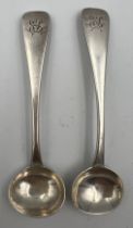 A pair of silver salt spoons, York 1828, maker Barber, Cattle and North. Initialled to top. 21gm.