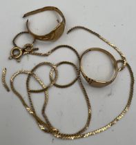 Nine carat gold to include two signet rings (one broken) and a broken chain necklace. Weight 7.5gm.