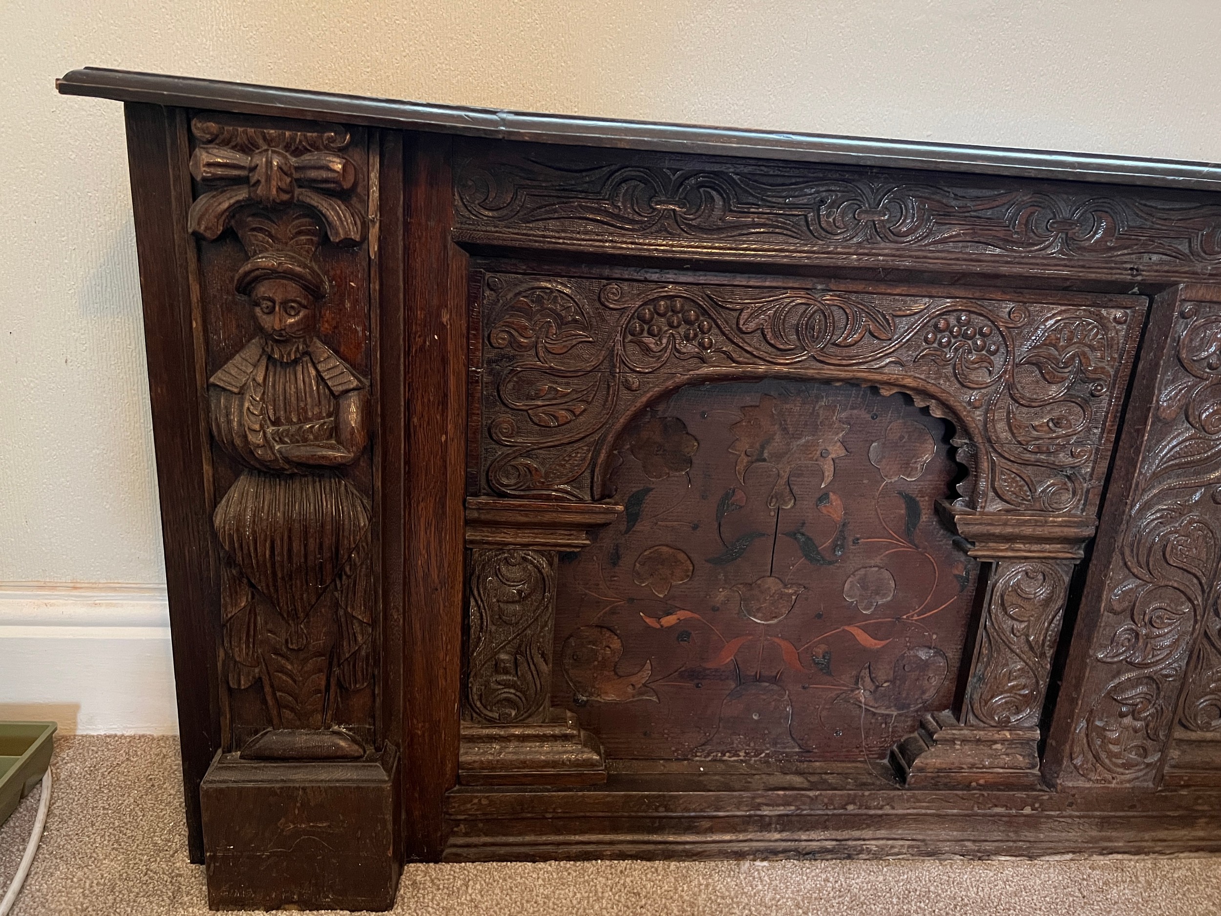 Part of an oak over mantle with carving and marquetry. Originally from Ravine House in Filey, now - Image 2 of 6