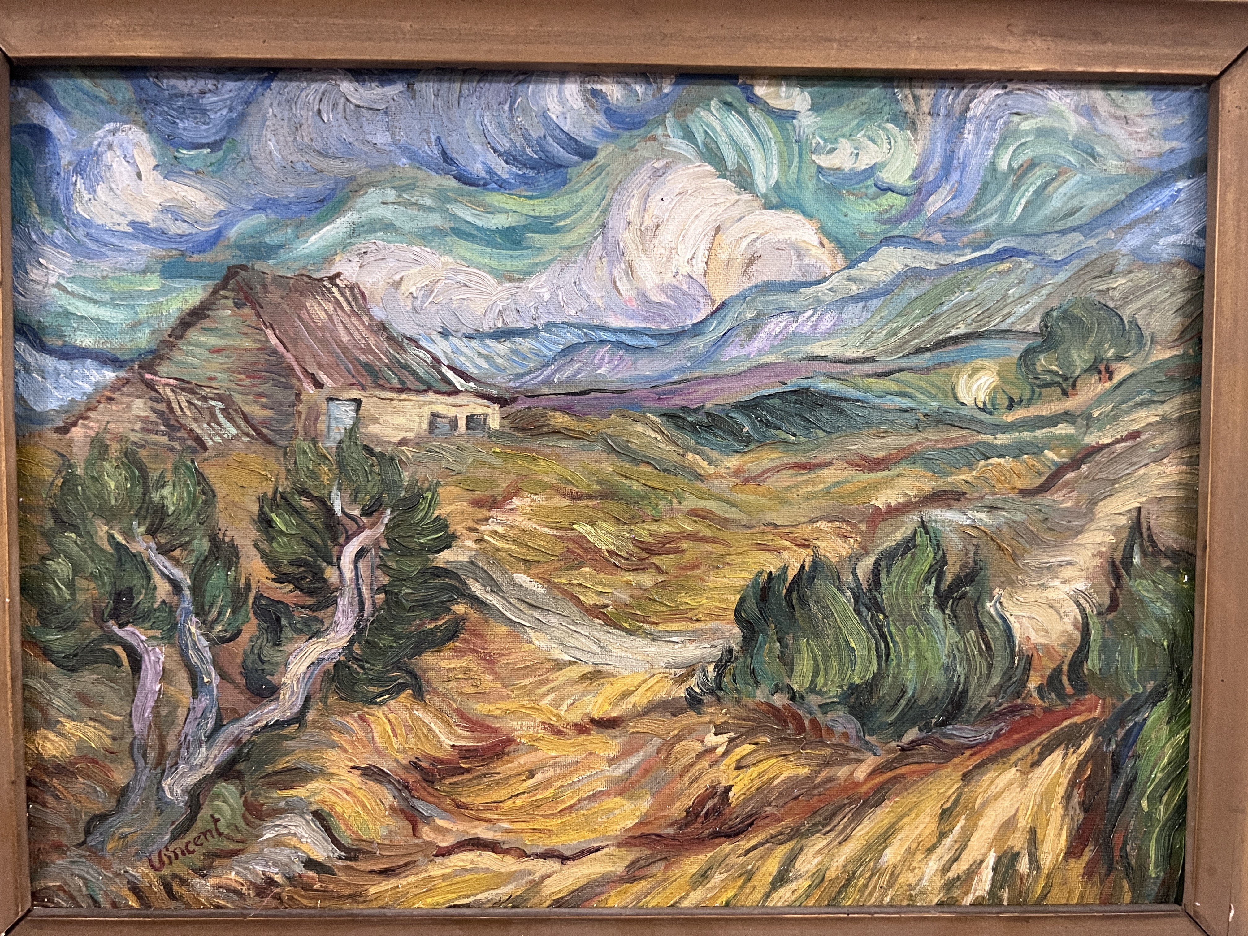 Oil on canvas impressionistic landscape in the manner of Van Gogh in gilt frame bearing label Curt