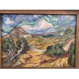 Oil on canvas impressionistic landscape in the manner of Van Gogh in gilt frame bearing label Curt