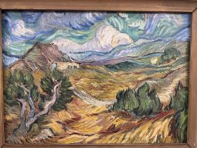 Oil on canvas impressionistic landscape in the manner of Van Gogh in gilt frame bearing label Curt