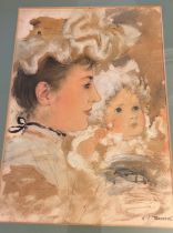 Henry Jones Thaddeus (1860-1929) watercolour portrait of a woman and child. Signed L.R. 32cm x