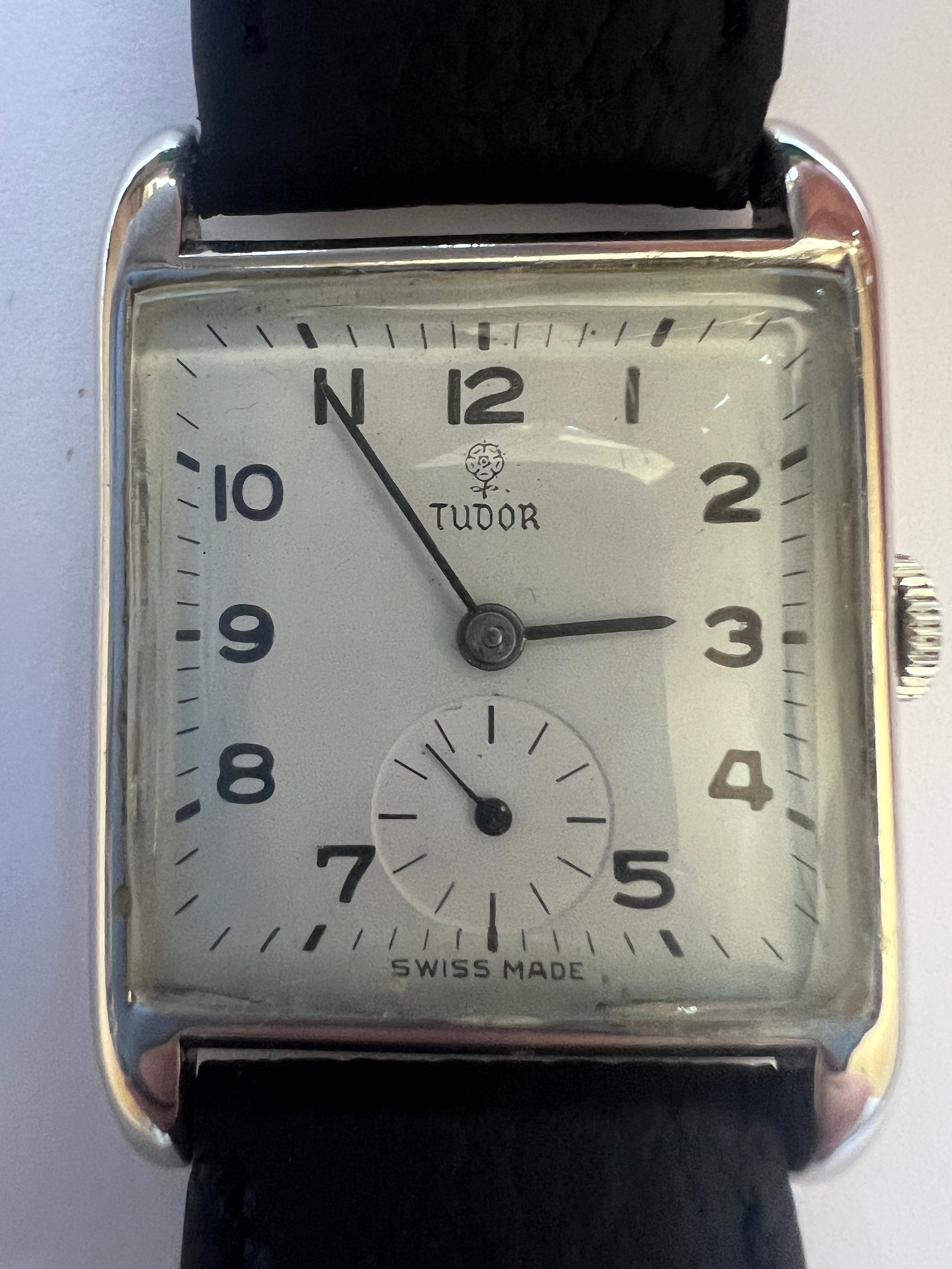 A vintage Rolex Tudor hand winding wristwatch on black leather strap, chrome case and ivory dial - Image 3 of 7