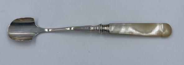 A Victorian silver and mother of pearl Stilton scoop Birmingham 1858, maker John Gilbert and co.