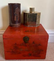 An early 20thC Chinese red lacqueur box 17cm h x 24cm w x 18cm d together with a bamboo brush pot