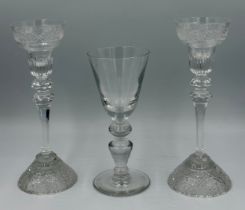 Two crystal candlesticks, Meissen etched to base, approx 27cm h, together with a heavy baluster wine