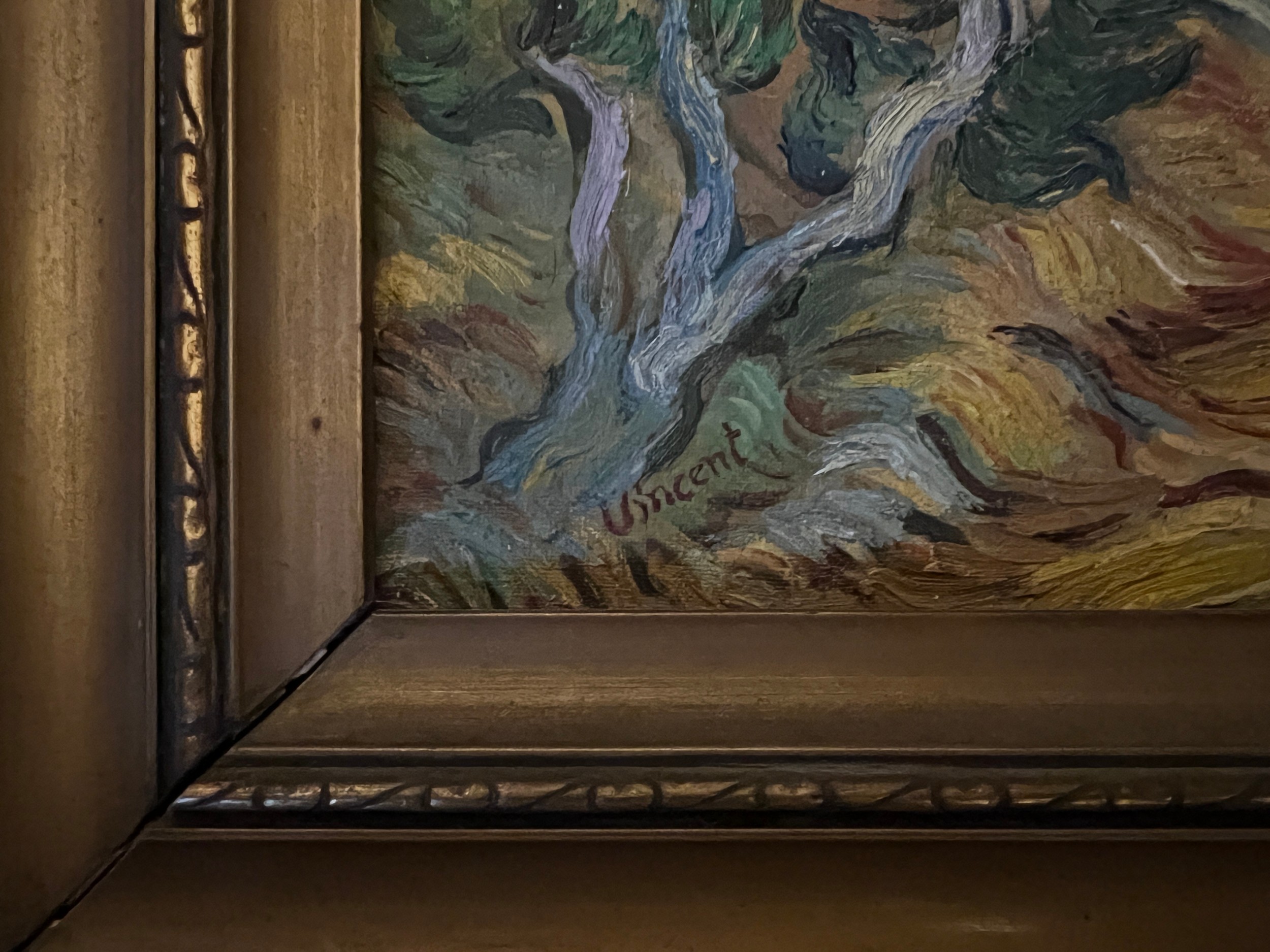 Oil on canvas impressionistic landscape in the manner of Van Gogh in gilt frame bearing label Curt - Image 7 of 9