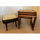 A nest of three teak tables, largest 53 w x 43 d x 48cm h together with a mid century stool with