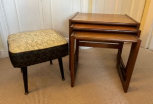 A nest of three teak tables, largest 53 w x 43 d x 48cm h together with a mid century stool with