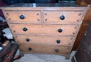 A 19thC pine chest of drawers, two long over three long drawers on bracket feet with original