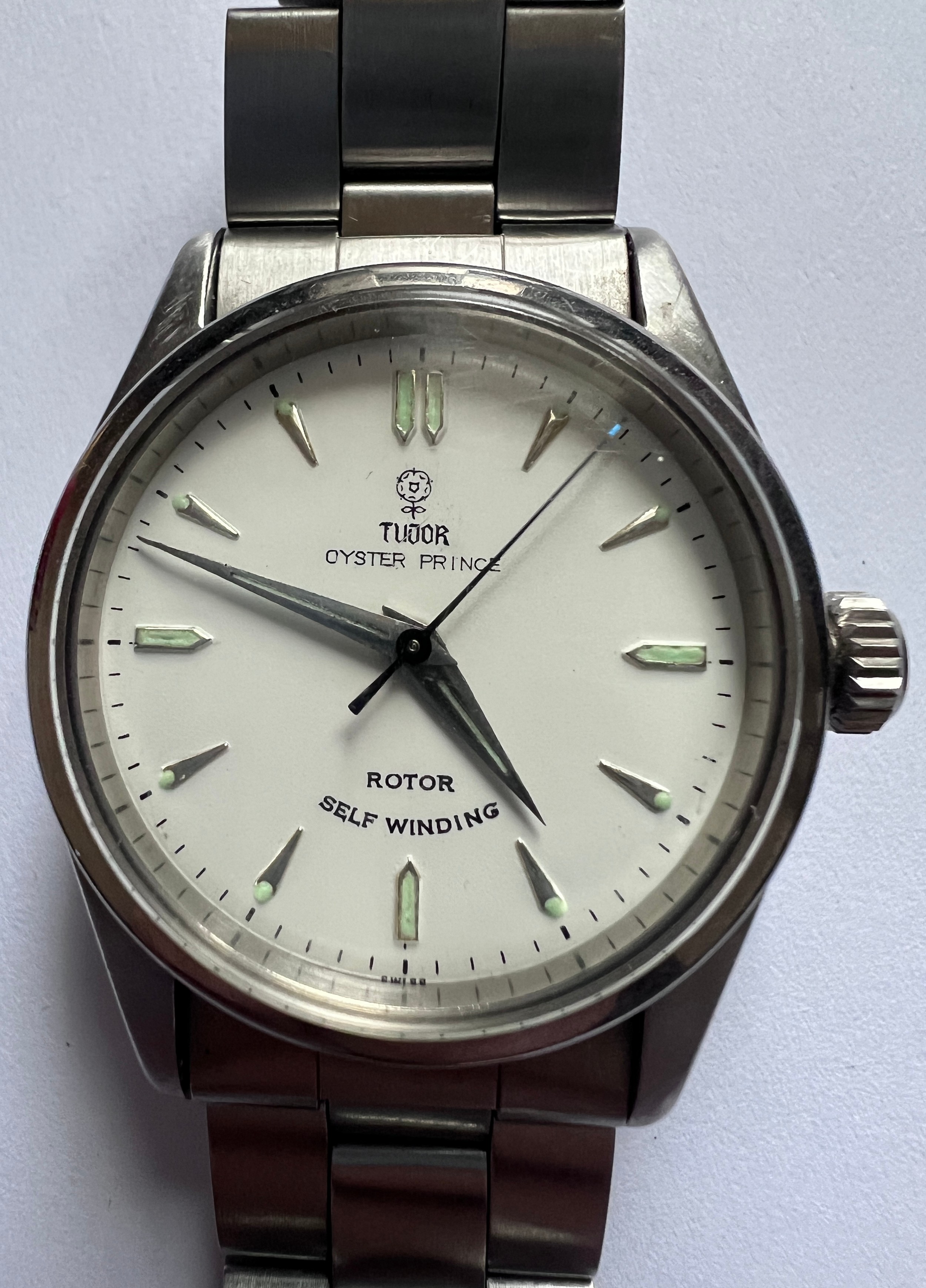 A Tudor Oyster Prince Rotor self winding wristwatch. Rolex crown with stainless steel Tudor strap.
