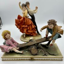 Capodimonte "The See-Saw", approx 33cm l, and "The Spanish Dancers" approx 30cm h, both signed by