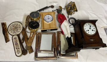 A miscellany to include three silver plated frames, figure of a fox in hunting attire, three clocks,