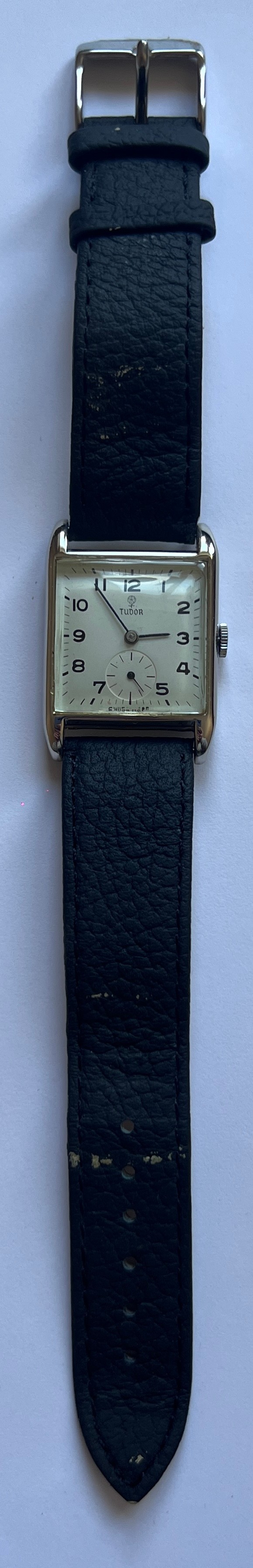 A vintage Rolex Tudor hand winding wristwatch on black leather strap, chrome case and ivory dial - Image 2 of 7