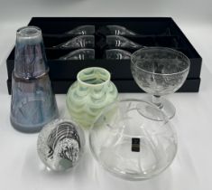 A quantity of vintage glass to include blue carafe and tumbler, Vaseline glass vase, Gleneagles
