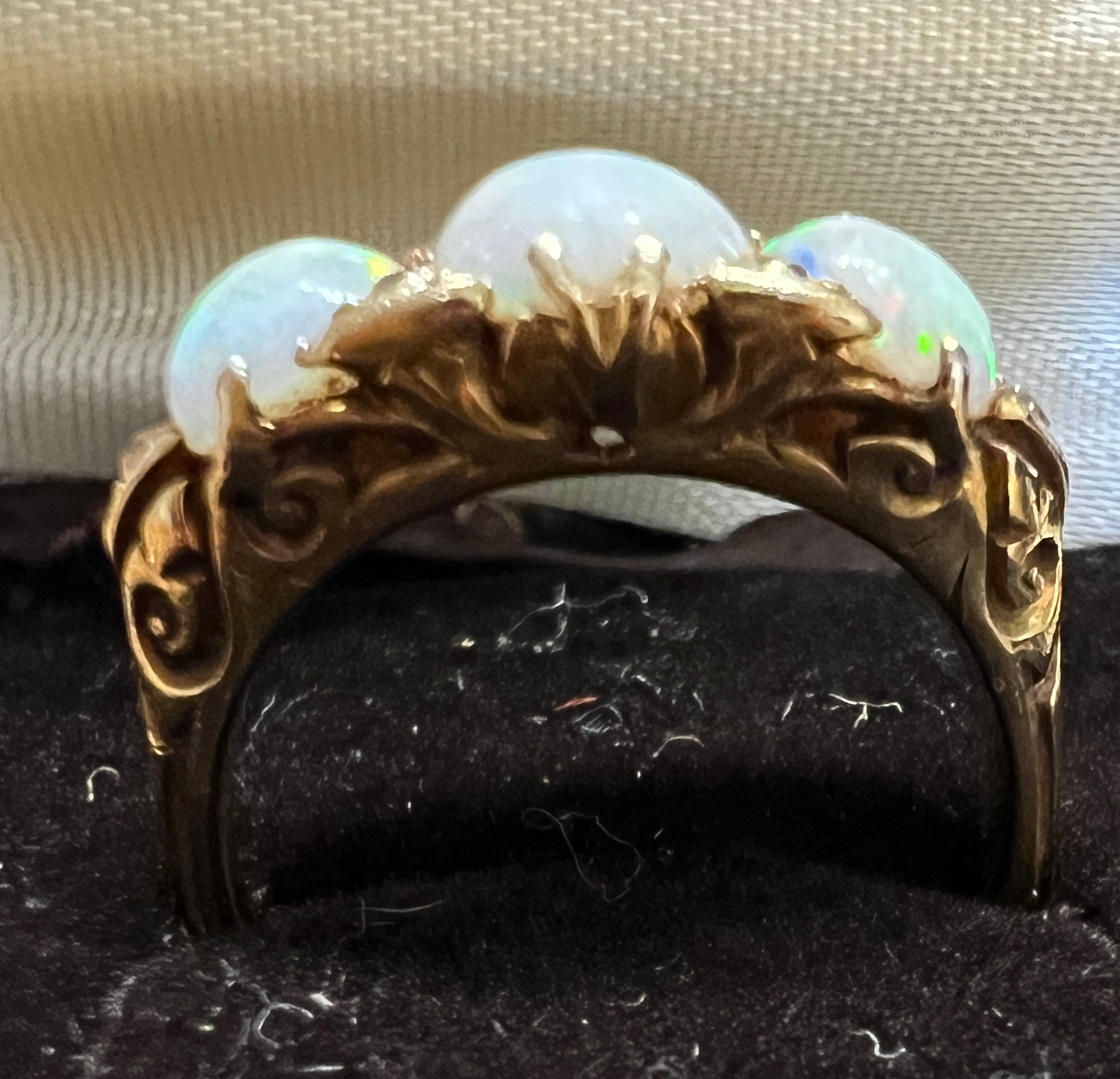 A 19thC 18 carat gold ring set with opals and diamonds. Size L. Weight 4.5gm. - Image 3 of 4