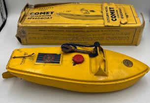 A vintage Comet Sutcliffe model clockwork speedboat in original box. Speedboat 24cm l.