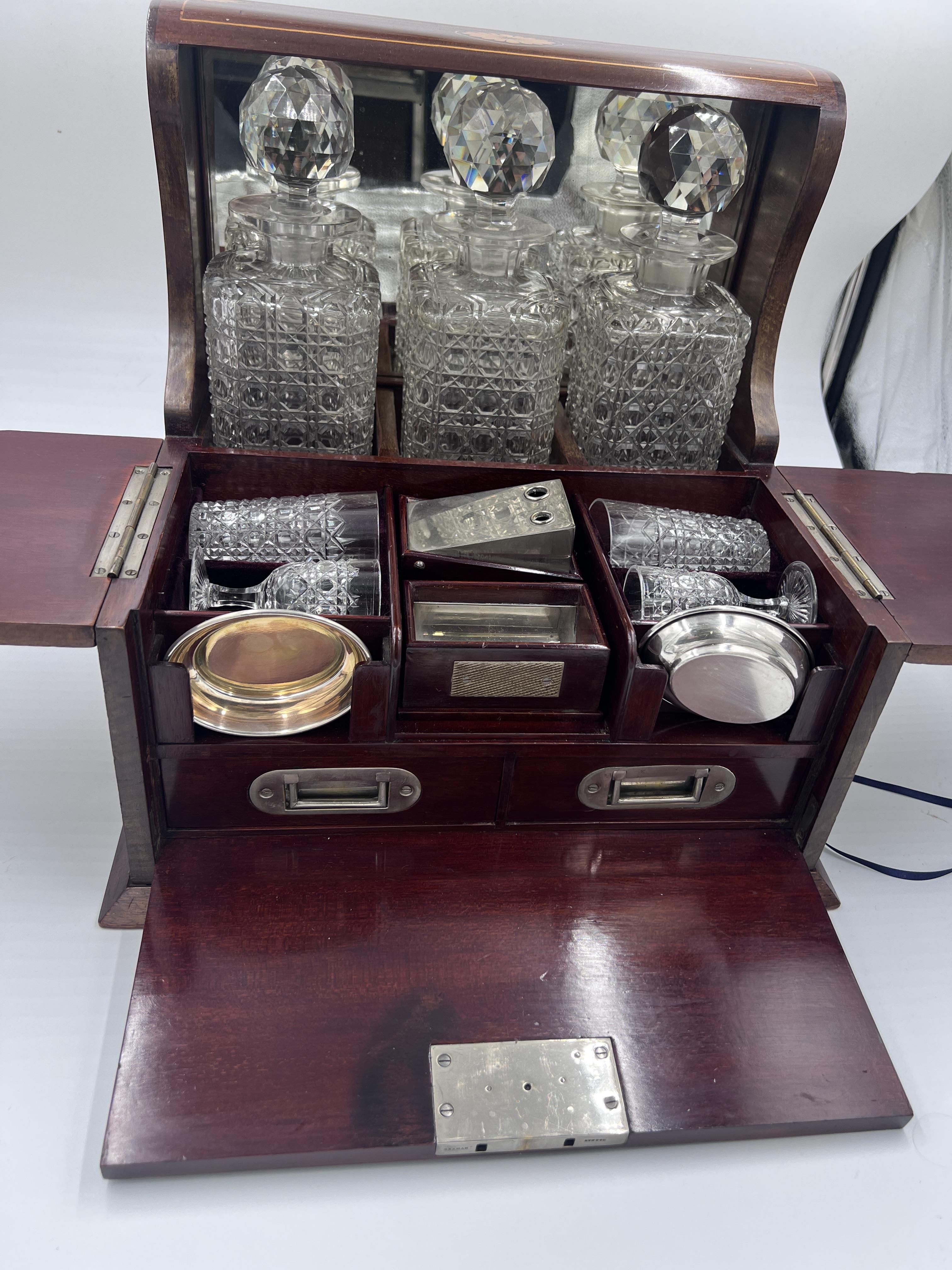 An Edwardian mahogany inlaid cut glass tantalus and games box containing cigar cutter, silver plated - Image 2 of 14