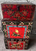 Three decorative Chinese painted and lacquer wooden boxes.