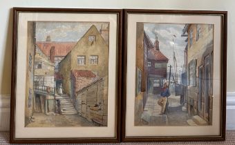 Two framed and glazed watercolour paintings including Arguments Yard Whitby 36cm x 30cm including