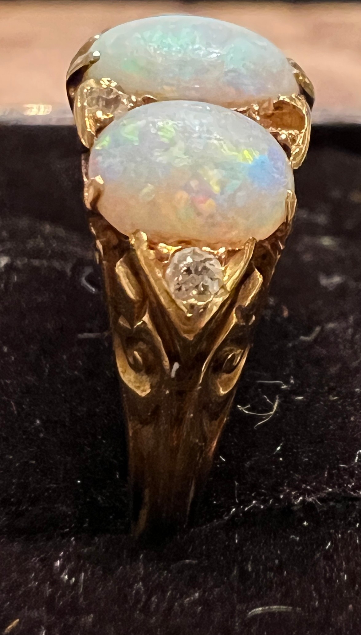 A 19thC 18 carat gold ring set with opals and diamonds. Size L. Weight 4.5gm. - Image 4 of 4