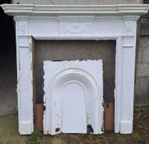 A painted wooden fire surround with cast iron insert. 165 w x 152 h, internal 117 h x 98cm w.
